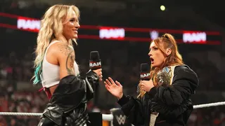 Women's Intercontinental Champion Becky Lynch confronting Sol Ruca in a wrestling ring