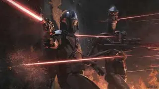 The Mandalorian and IG-11 engage in a laser battle in painted artwork