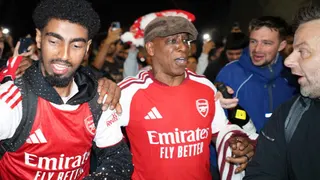 Former Arsenal player Ian Wright arrives at the Arsenal stadium to celebrate with supporters after Arsenal's soccer team won the Premier League title in London, Tuesday, May 19, 2026.