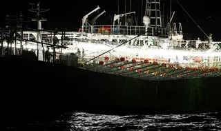 一艘魷魚捕撈船在阿根廷專屬經濟區外作業，這裡的外國捕撈船多為中國籍。路透社