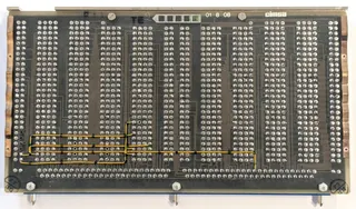 Back of an ALU/register board. This is a different board from the one I reverse engineered, since I wanted to show the yellow wires.