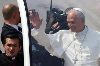 Pope Leo XIV waves as he arrives for a meeting with Mayors and faithful of various municipalities of the so-called