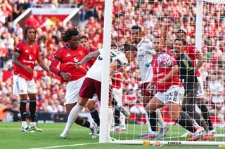 Riccardo Calafiori scores for Arsenal against Manchester United at Old Trafford.