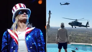 Kid Rock standing by his pool wearing patriotic clothing