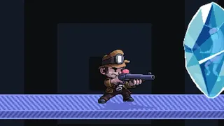 The man from Spelunky brandishes a shotgun.