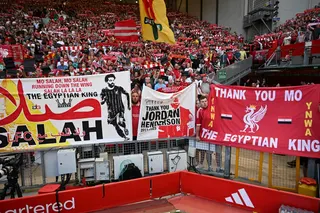 Fans hold tributes to Jordan Henderson and Liverpool’s Egyptian striker #11 Mohamed Salah ahead of the English Premier League football match between Liverpool and Brentford at Anfield in Liverpool May 24, 2026. —  AFP pic