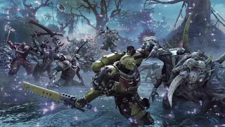 Space Marines fight terminids in a wintry landscape in Space Marine 2