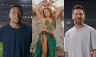 姆巴佩（左）和梅西（右）等球星现身夏奇拉（Shakira） 世界杯歌曲“Dai Dai”的音乐视频。 （夏奇拉Youtube视频截图）