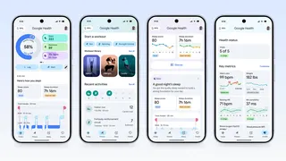 Renders of 4 mobile phones with their screens showing health app stats such as sleep score heartrate and workout activity