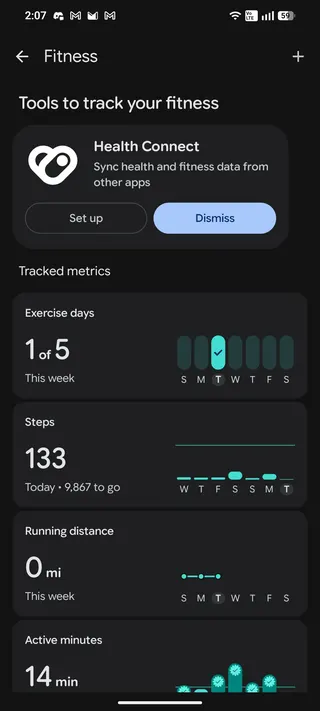 A screenshot of the Fitness page in the Google Health app