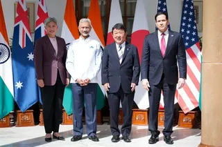 From left: Australian Foreign Minister Penny Wong, Indian External Affairs Minister Subrahmanyam Jaishankar, Japanese Foreign Minister Toshimitsu Motegi and US Secretary of State Marco Rubio pose in New Delhi at a meeting of Quad foreign ministers. Photo: Kyodo