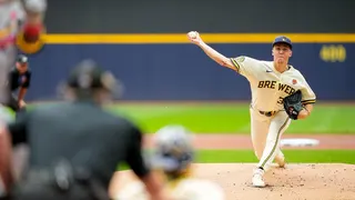 Milwaukee Brewers pitcher Jacob Misiorowski throwing a pitch during a baseball game.