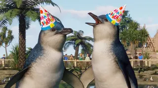 Planet Zoo screenshot showing two penguins, both with birthday hats superimposed onto their heads.