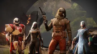 Destiny 2 - four Guardians standing in pre-match pose on The Fortress, a Crucible map