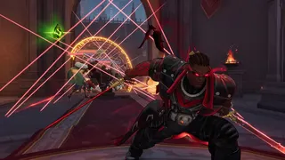 Marvel Rivals Season 3.5: A screenshot of Blade gameplay as he slashes through a group of enemies in an archway, towards the camera.