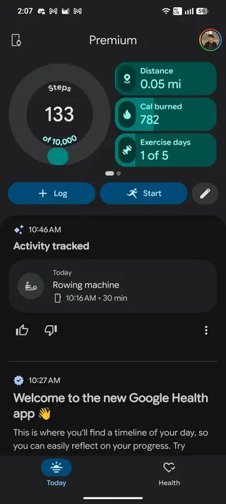 A screenshot of the landing page in the Google Health app