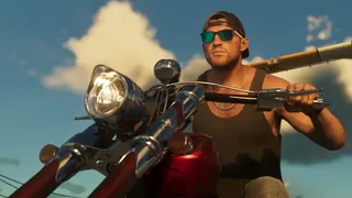 Grand Theft Auto 6 trailer still - meathead in shades and backwards ball cap riding a chopper