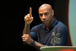 Former France and Arsenal forward Thierry Henry speaking to about 600 pupils at the Hong Kong Jockey Club Amphitheatre on Tuesday. Photo: Sun Yeung
