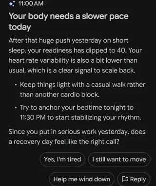 A screenshot of a chat with Google’s AI health coach asking if a recovery day feels like the right call.