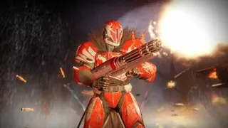A Guardian in Destiny 2 shoots a minigun.