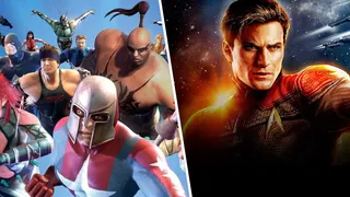 A split image of splash art for City of Heroes, showing a team of supers flying heroically towards the camera, and a determined-looking Star Trek officer in space.