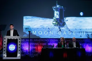 Nasa Administrator Jared Isaacman (left) speaks about plans to establish a permanent presence on the lunar surface in Washington on Tuesday. Phjoto: AFP