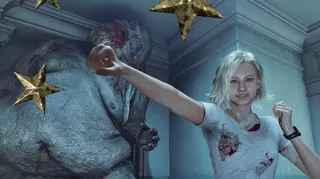 Grace from Resident Evil Requiem posing in the game's photo mode with three stars around her