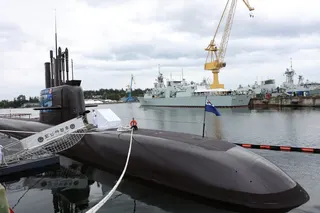 The Republic of Korea Navy KSS-III submarine, known as Dosan Ahn Chang-ho, and the ROKS Daejeon frigate at the Canadian Forces Base Esquimalt in British Columbia on Monday. Photo: The Canadian Press via AP