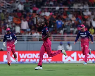 Rajasthan’s Jofra Archer celebrates the wicket of Sunrisers batter Abhishek Sharma.
