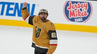 Vegas Golden Knights right wing Mark Stone celebrating on ice in Las Vegas