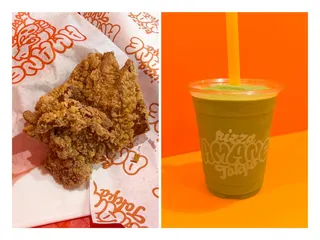 Japanese Fried Chicken (left) is crunchy and juicy inside. The Matcha Slurry (right) keeps you cool as you drink up the 100 per cent matcha drink.