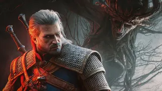 A close-up of a grizzled, ring-mail and leather armoured warrior with white hair and swords on his back, who's being approached by a gnarled tree of an enemy behind. It's Geralt from The Witcher. I wouldn't mess with him if I was that tree.