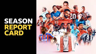 A BBC Sport graphic features the Premier League trophy, 20 players from different teams and the words 'Season report card'