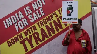 NurPhoto via Getty Images Various communist student and citizen organizations take out a rally in Kolkata, India, on September 1, 2025, against Israel and American aggression over Palestine, and Trump's tariff war against India.