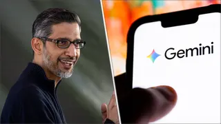 Google CEO Sundar Pichai is seen smiling on the left hand panel of this image. On the right hand panel is a photo illustration of some one using Google Gemini on their phone.