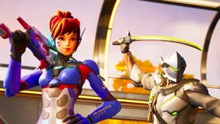 A screencap of the Fortnite trailer with Overwatch heroes D.Va and Genji. Both characters are holding swords and are striking heroic poses.
