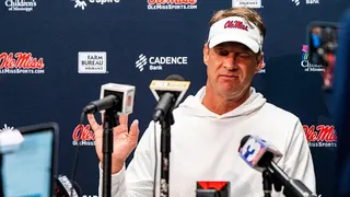 Ole Miss head coach Lane Kiffin answering questions from the press at Davis Wade Stadium