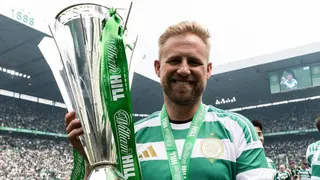 Kasper Schmeichel with the Scottish Premiership trophy