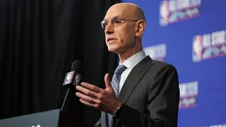 NBA Commissioner Adam Silver speaking at a press conference in Inglewood, California.