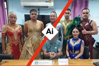 The AI-generated image shows five male police officers dressed in sparkly, tight-fitting dresses standing behind a man in handcuffs. Next to him is a female police officer, also wearing a festival-style dress