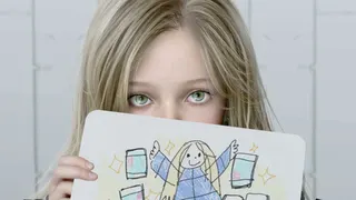 Diana from Pragmata looks towards the camera while holding a drawing she has done of herself over the lower half of her face