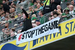 ans protest an upcoming match between Republic of Ireland and Israel during the international friendly match between Republic of Ireland and Qatar at Aviva Stadium