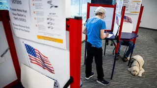 A Virginian woman casting a ballot at a polling location with her pet dog waiting beside her
