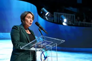 Mar 26, 2025; Boston, Massachusetts, USA; Governor of Massachusetts, Maura Healey, speaks during A Tribute & Remembrance for the member of the figure skating community that were killed in the accident of American Eagle flight 5342 before in the Pairs Short Program during the ISU World Figure Skating Championships at TD Garden. Mandatory Credit: Brian Fluharty-Imagn Images