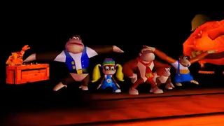 The Kong family dancing in a screenshot from Donkey Kong 64