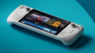 Promotional photo of the Steam Deck OLED: White Edition showing the entire handheld from a three-quarter angle.