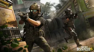 Two soldiers in Modern Warfare 4, one firing around cover and the other running while aiming.