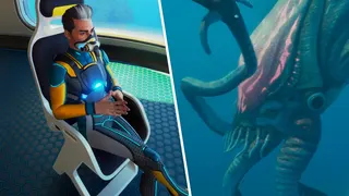 Split image of a diver sitting and a monster in the water
