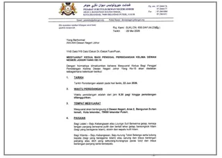 Official notice, dated May 29,  issued by the Johor State Legislative Assembly Secretary.