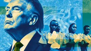 Photo illustration of President Trump next to volunteers from the Congo and electron micrograph of Ebola virus particles